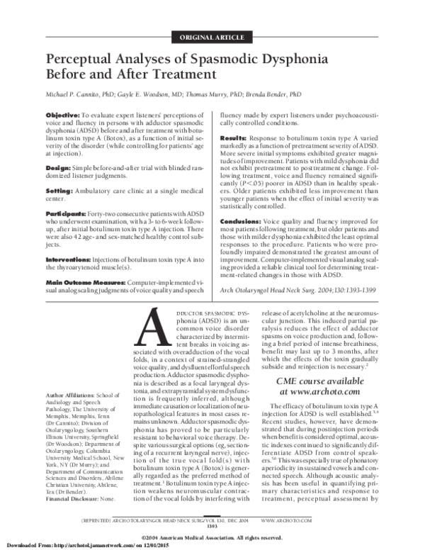 (PDF) Perceptual Analyses of Spasmodic Dysphonia Before and After Treatment