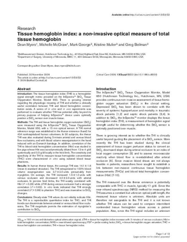 (PDF) Tissue hemoglobin index: a non-invasive optical measure of total ...