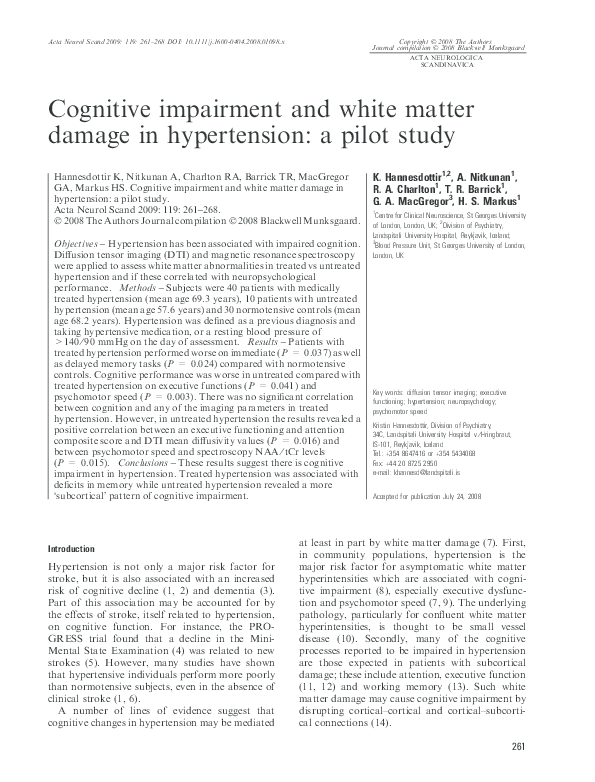 (PDF) Cognitive impairment and white matter damage in hypertension: a ...