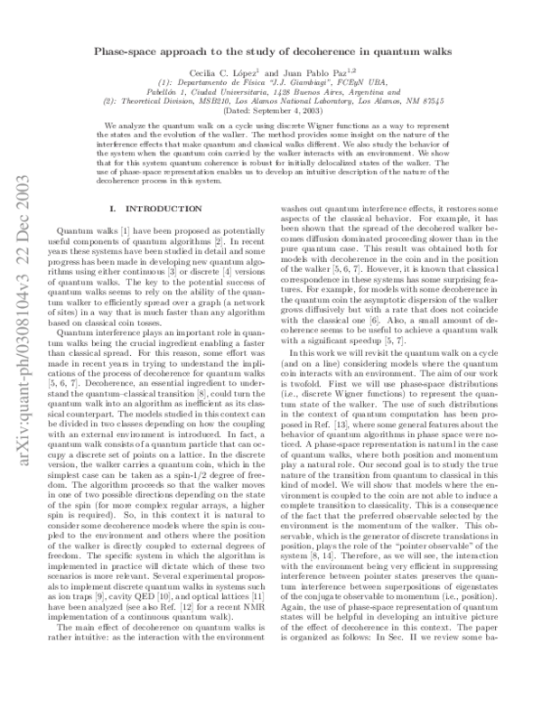 (PDF) Phase-space approach to the study of decoherence in quantum walks