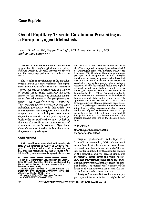 (PDF) Occult papillary thyroid carcinoma presenting as a parapharyngeal ...