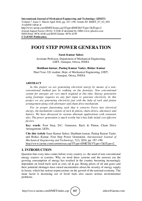 (PDF) FOOT STEP POWER GENERATION
