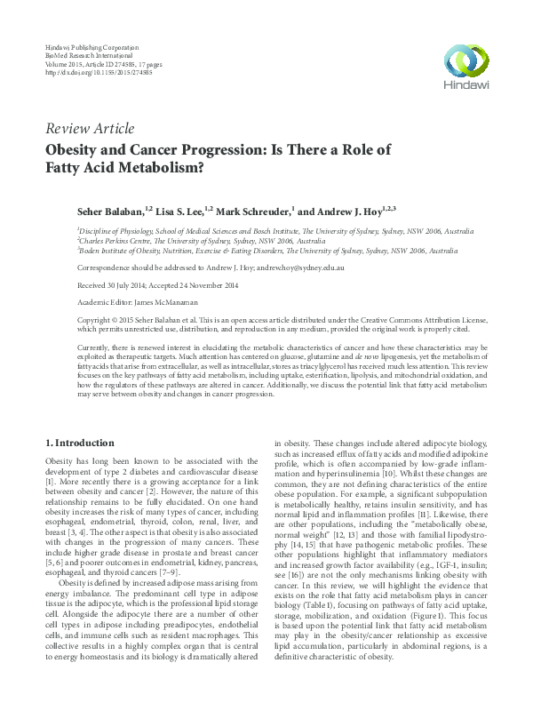 (PDF) Obesity and Cancer Progression: Is There a Role of Fatty Acid ...