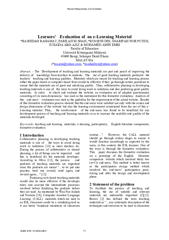 (PDF) Learners’ Evaluation of an e-Learning Material