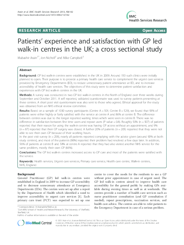 (PDF) Patients’ experience and satisfaction with GP led walkin centres