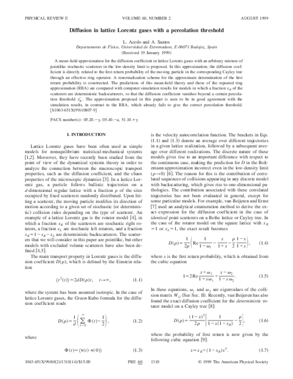 (PDF) Diffusion in lattice Lorentz gases with a percolation threshold
