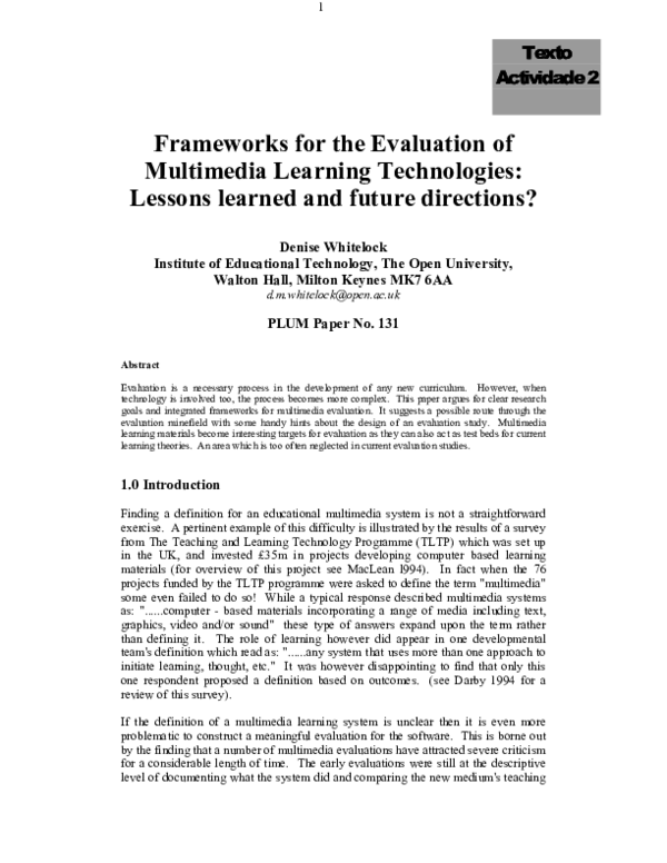 (PDF) Frameworks for the evaluation of multimedia learning technologies ...