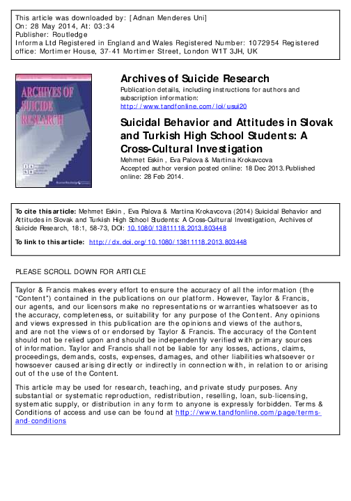 (PDF) Suicidal Behavior and Attitudes in Slovak and Turkish High School ...
