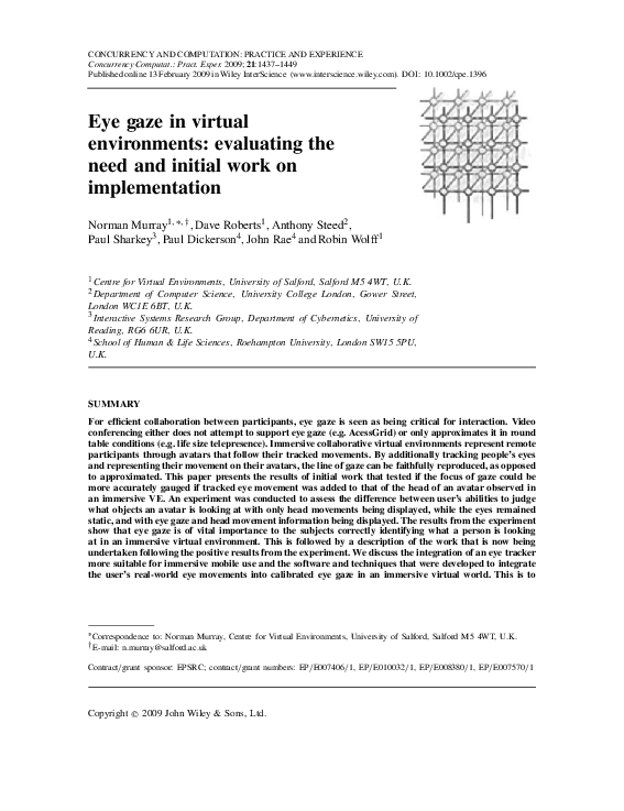 (PDF) Eye gaze in virtual environments: evaluating the need and initial ...