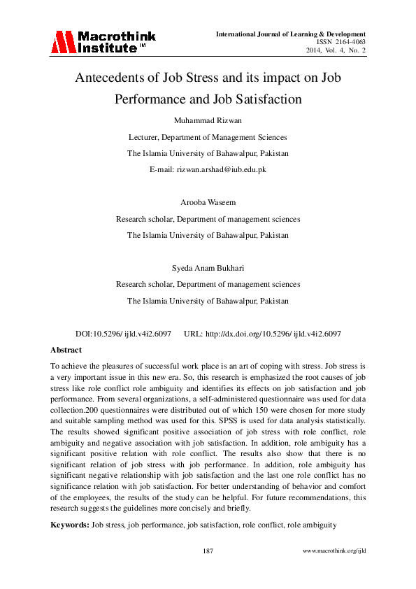 (PDF) Antecedents of Job Stress and its impact on Job Performance and ...