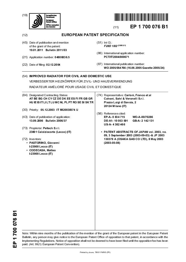 (PDF) Patent EP1700076B1 - Improved Radiator for Civil and Domestic Use