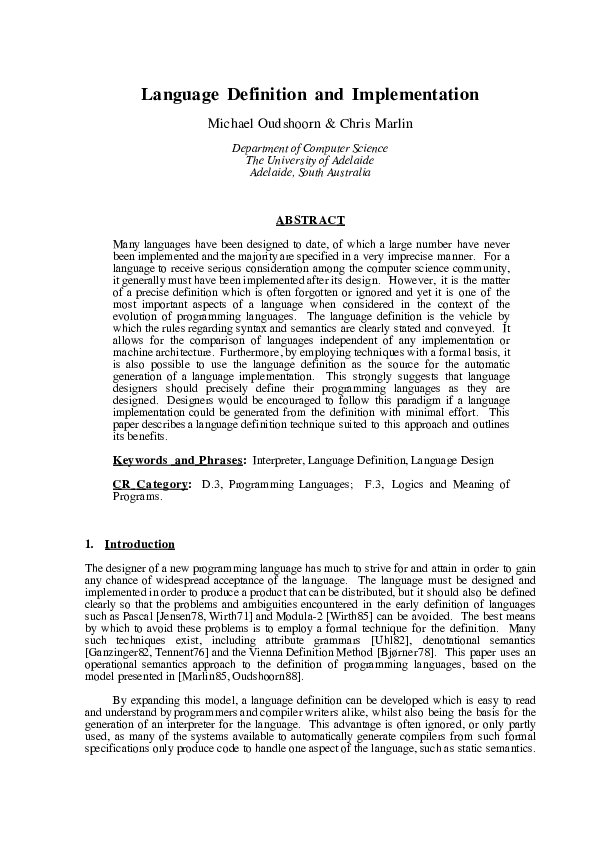 (PDF) Language Definition and Implementation Michael J Oudshoorn