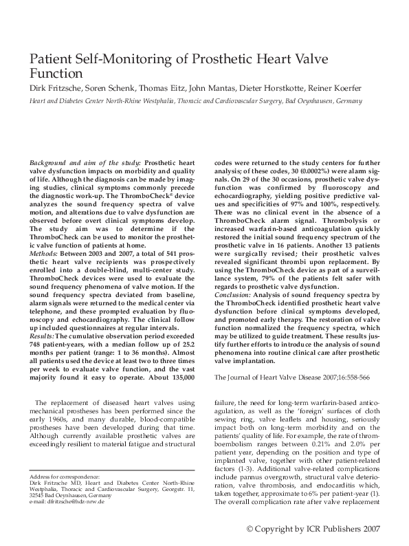 (PDF) Patient selfmonitoring of prosthetic heart valve function
