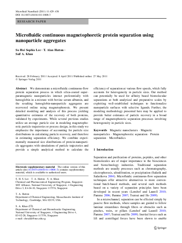 (PDF) Microfluidic continuous magnetophoretic protein separation using ...