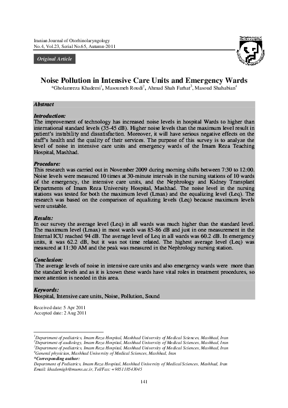 (PDF) Noise pollution in intensive care units and emergency wards