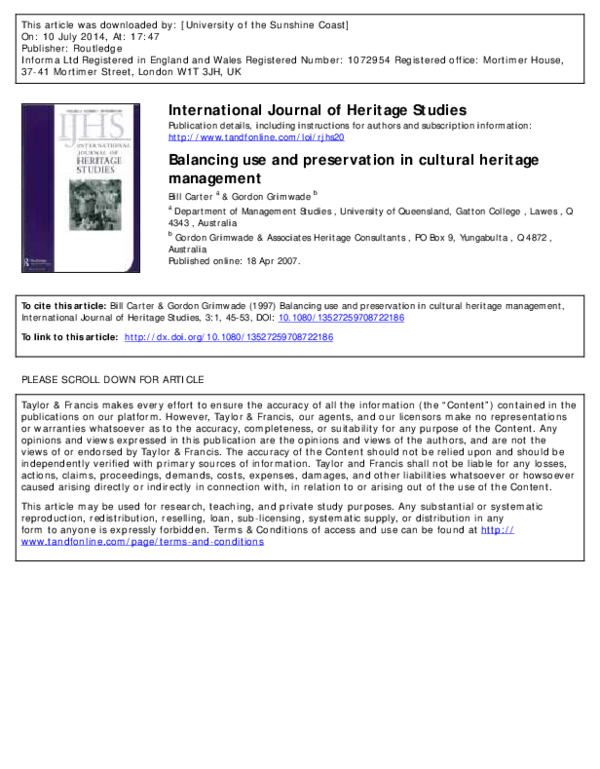 (PDF) Balancing use and preservation in cultural heritage management