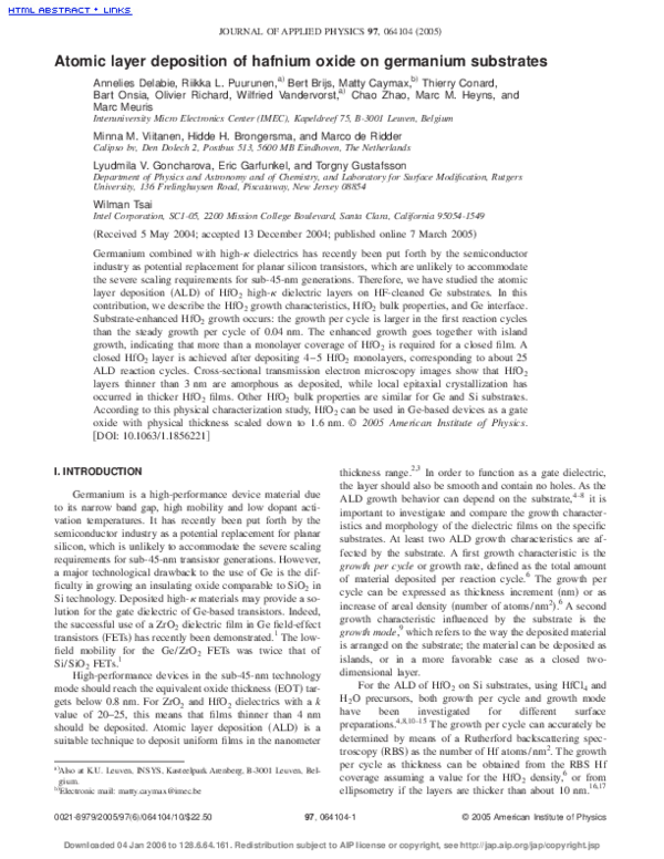 (PDF) Atomic layer deposition of hafnium oxide on germanium substrates