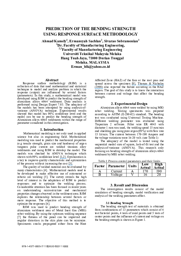 (PDF) Prediction of the bending strength using response surface methodology