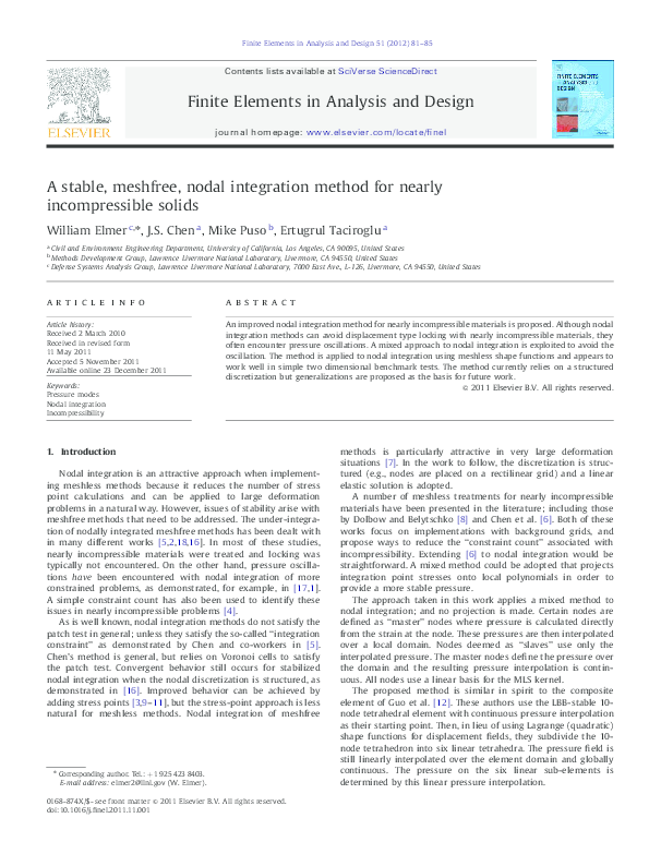 (PDF) A stable, meshfree, nodal integration method for nearly ...