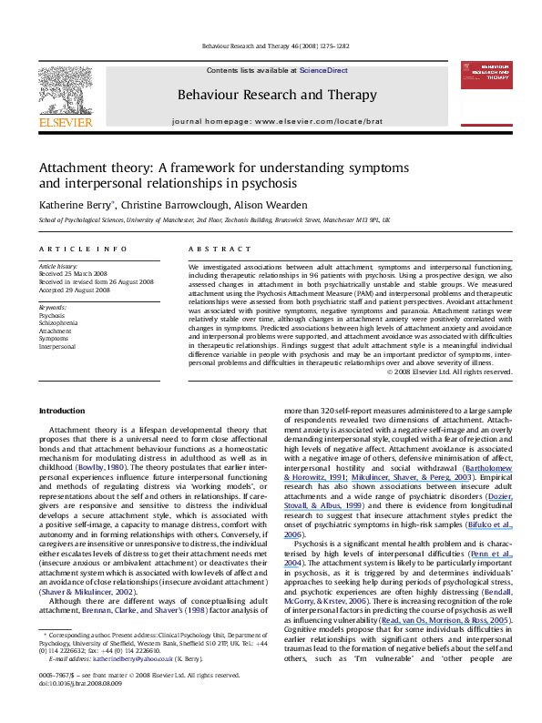 (PDF) Attachment theory: A framework for understanding symptoms and ...