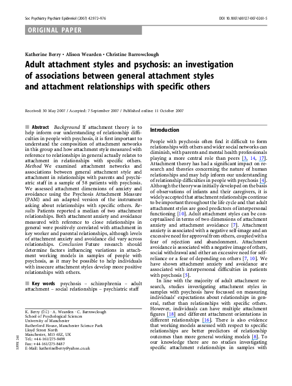 (PDF) Adult attachment styles and psychosis: an investigation of ...