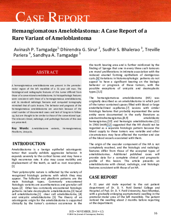 (PDF) Hemangiomatous Ameloblastoma A case report of a rare variant of