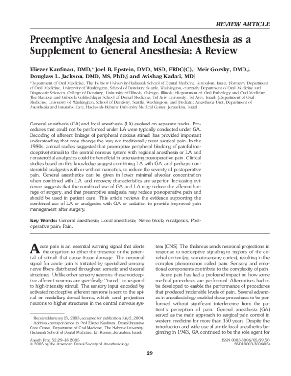 (PDF) Preemptive Analgesia and Local Anesthesia as a Supplement to General Anesthesia A Review