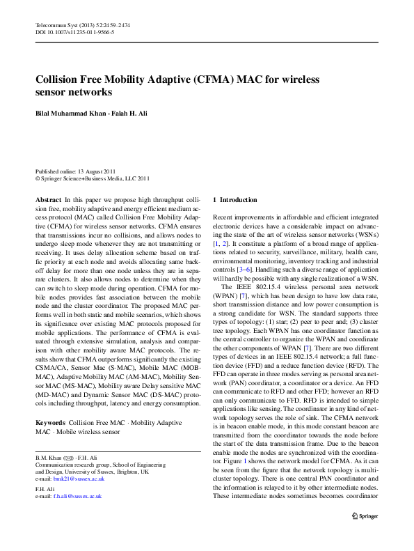 (PDF) Collision Free Mobility Adaptive (CFMA) MAC for wireless sensor ...