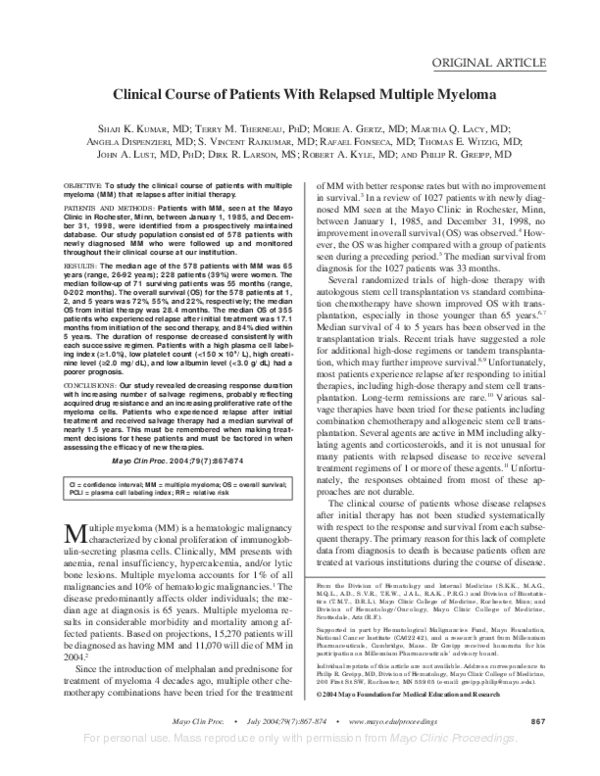 (PDF) Clinical Course of Patients With Relapsed Multiple Myeloma