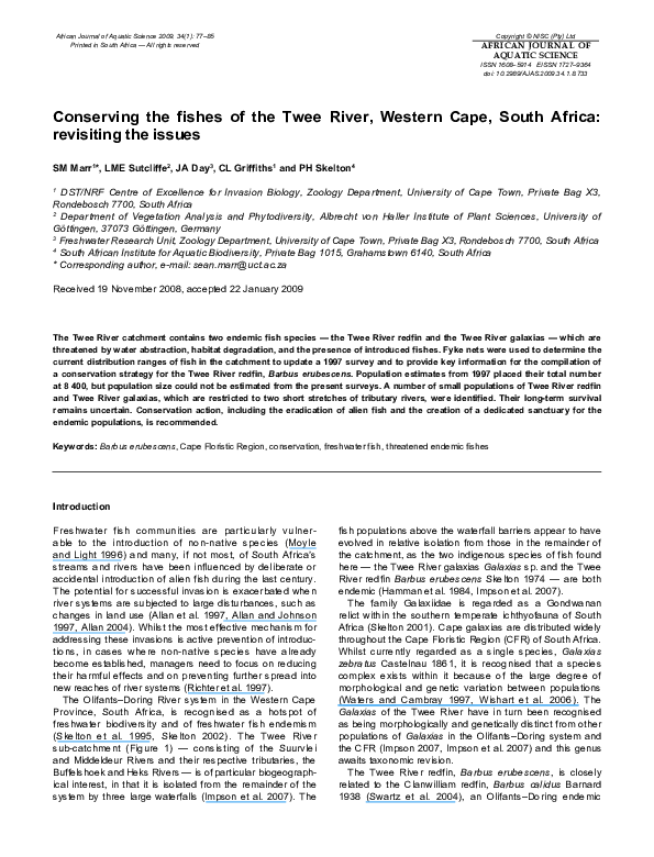 (PDF) Conserving the fishes of the Twee River, Western Cape, South ...