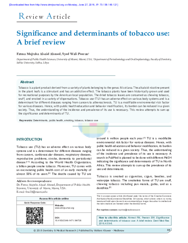 (PDF) Significance and determinants of tobacco use A brief review Dr. Syed Wali Peeran