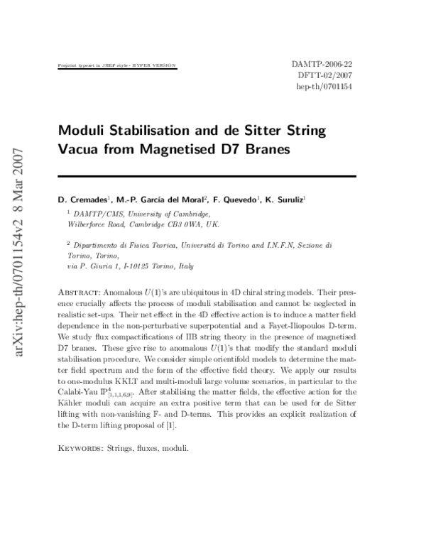 (PDF) Moduli stabilisation and de Sitter string vacua from magnetised ...