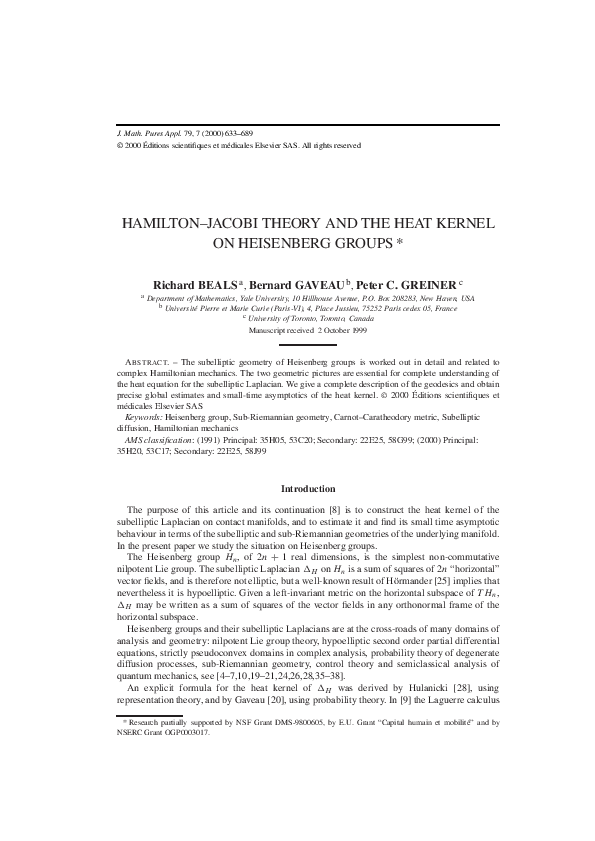 (PDF) Hamilton–Jacobi theory and the heat kernel on Heisenberg groups
