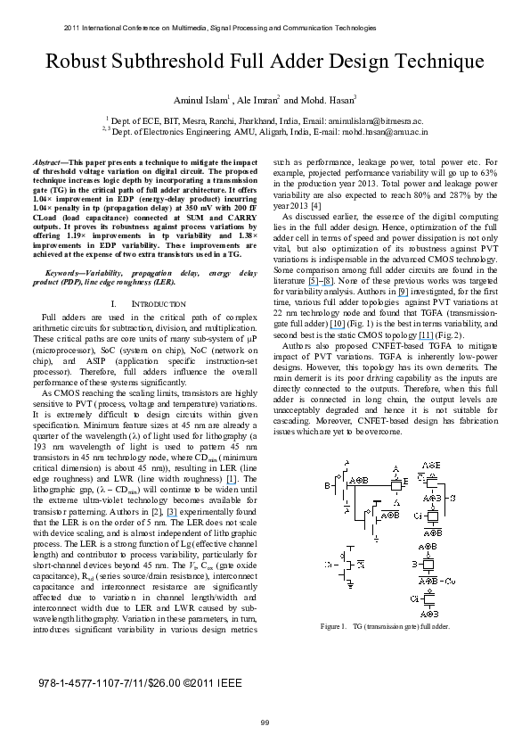 (PDF) Robust subthreshold full adder design technique