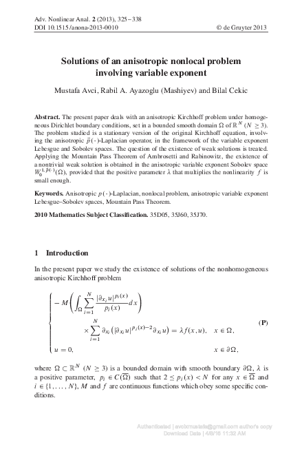 PDF) Solutions of an anisotropic nonlocal problem involving