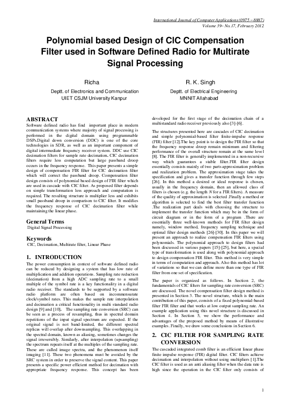 (PDF) Polynomial based Design of CIC Compensation Filter used in Software Defined Radio for