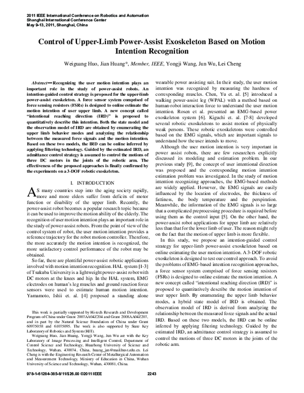 (PDF) Control of upperlimb powerassist exoskeleton based on motion