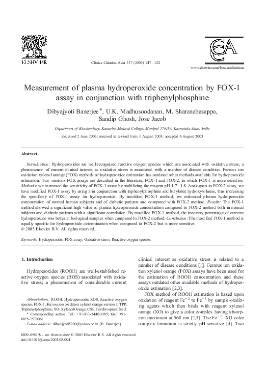 (PDF) Measurement of plasma hydroperoxide concentration by FOX1 assay ...