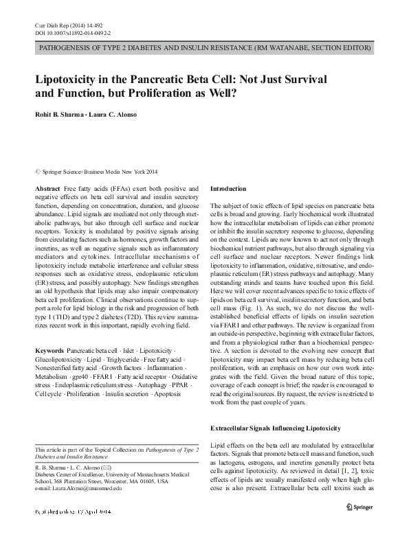 (PDF) Lipotoxicity in the Pancreatic Beta Cell: Not Just Survival and ...