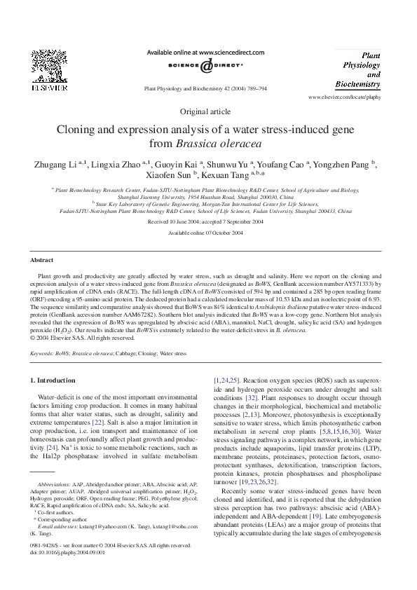 (PDF) Cloning and expression analysis of a water stress-induced gene ...