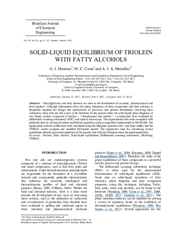 (PDF) Solid-liquid equilibrium of triolein with fatty alcohols