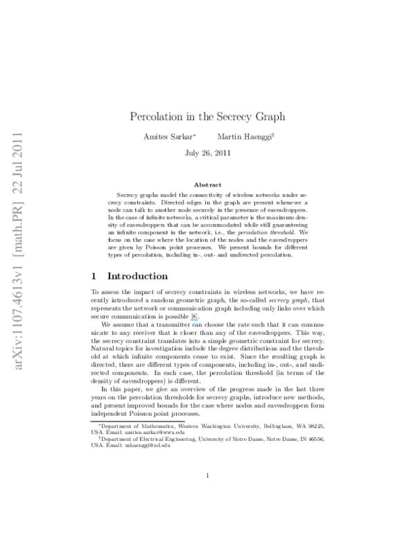 (PDF) Percolation in the secrecy graph