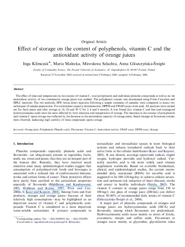 (PDF) Effect of storage on the content of polyphenols, vitamin C and
