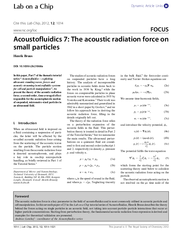 (PDF) Acoustofluidics 7: The acoustic radiation force on small particles