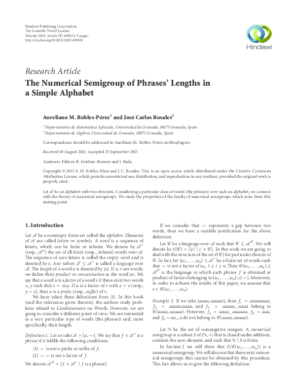 (PDF) The Numerical Semigroup of Phrases' Lengths in a Simple Alphabet