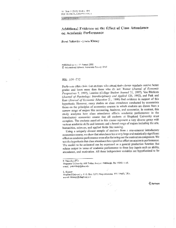 (PDF) Additional Evidence on the Effect of Class Attendance on Academic ...