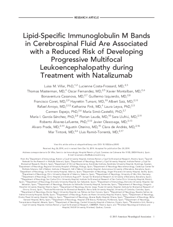 (PDF) lipid-specific IgM bands in csf associated with a reduced risk of ...