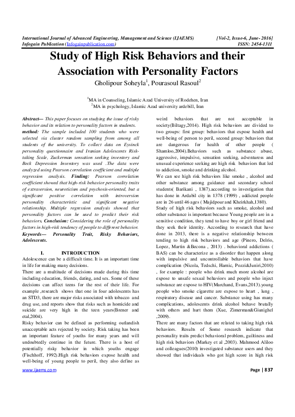 (PDF) Study of High Risk Behaviors and their Association with ...