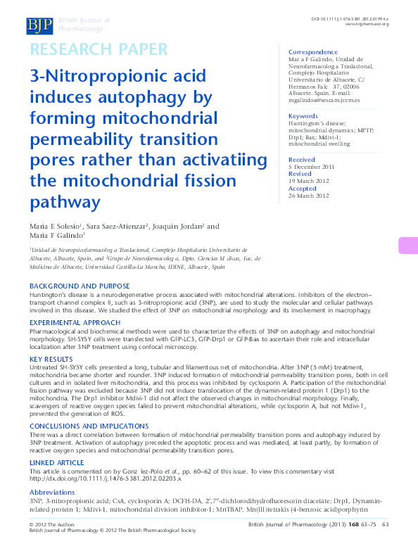 (PDF) 3-Nitropropionic acid induces autophagy by forming mitochondrial ...