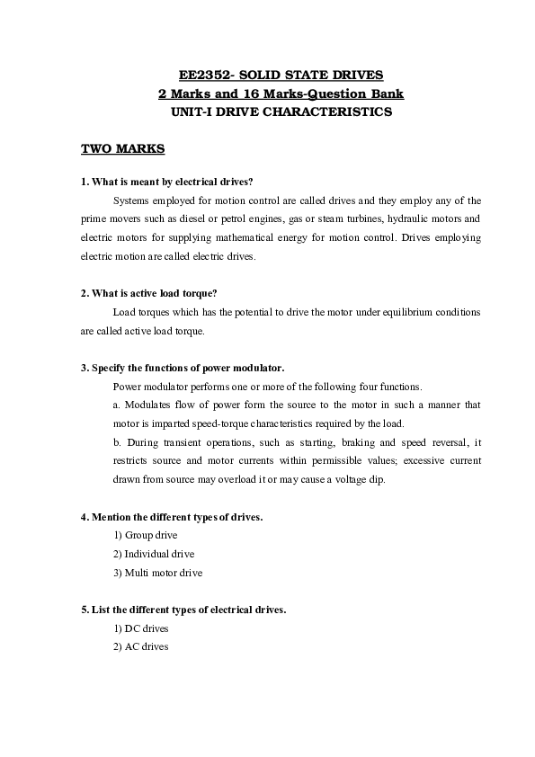 (DOC) EE2352SOLID STATE DRIVES 2 Marks and 16 MarksQuestion Bank UNIT
